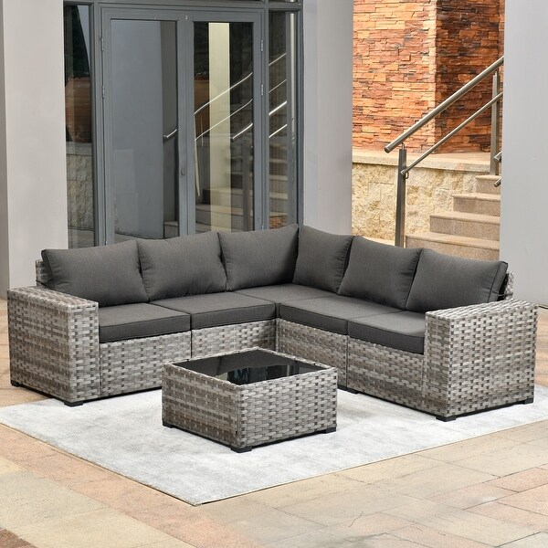 OVIOS Patio Wicker Furniture Wide Arm 6piece Set with Table