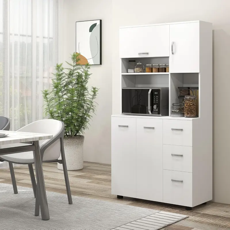 White 66″ Kitchen Pantry Cabinet – Microwave Stand with Ample Storage & Adjustable Shelves