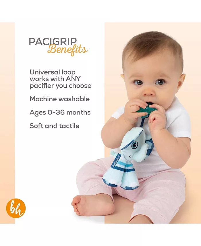 Booginhead Pacifier Holder Stuffed Animal and Baby Pacifier Clip, 2-Pack Elephants