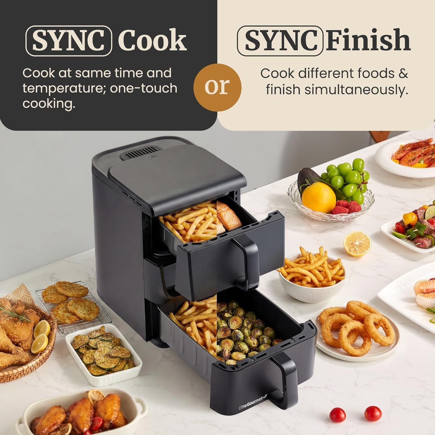 10.5QT Dual Stacked Air Fryer, Sync Cook & Finish, 10 Presets, PFAS-Free Nonstick Baskets, 1700W, Rapid Air Circulation, Black