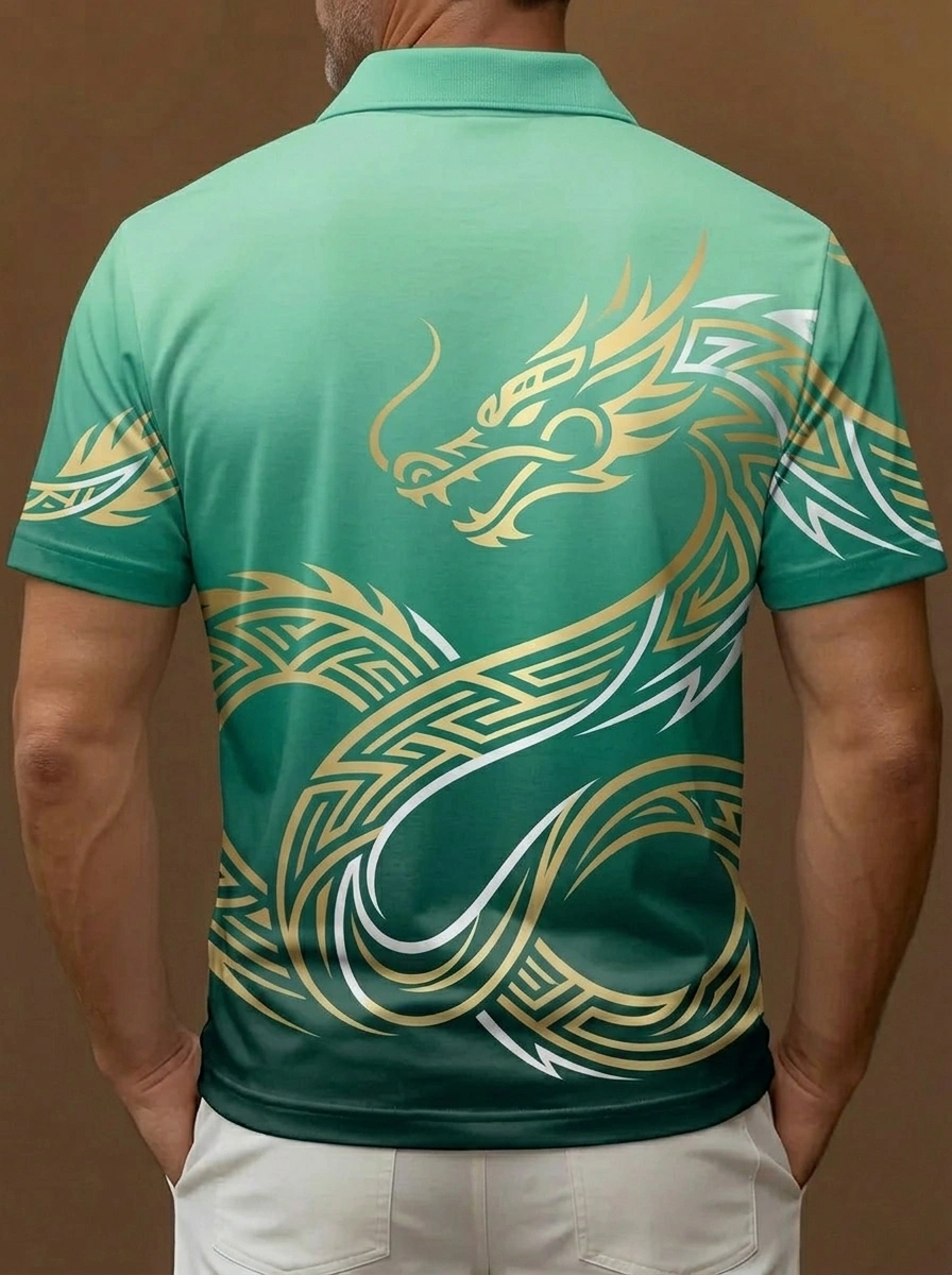 Green Gradient Gold Dragon Print Short Sleeve Golf Polo Shirt