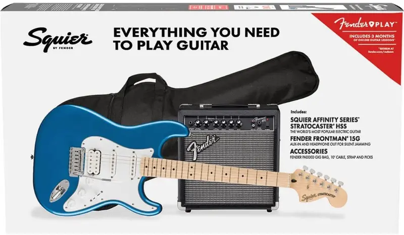 Squier Affinity Stratocaster HSS Guitar Pack — Maple Fingerboard, Lake Placid Blue