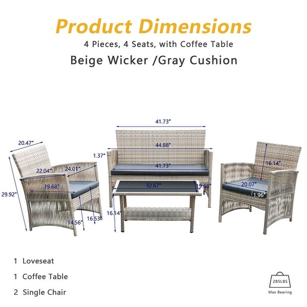 4Piece Rattan Wicker Patio Furniture Conversation Set with Coffee Table Bistro Set,Cushions Included🎃