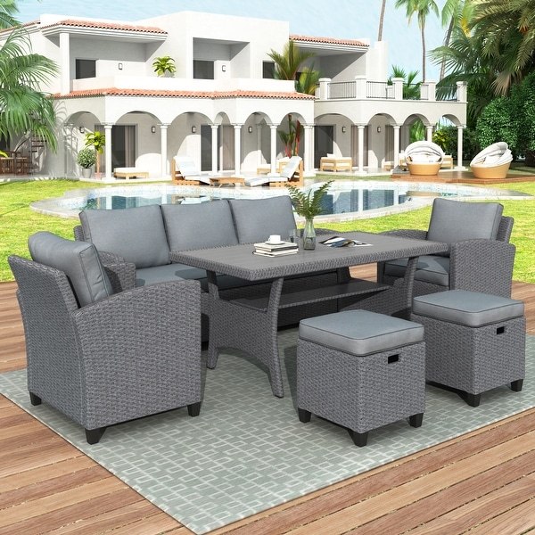 6Piece Outdoor Patio Rattan Wicker Sofa Conversation Set with Cushion and Chair,Stools and Table