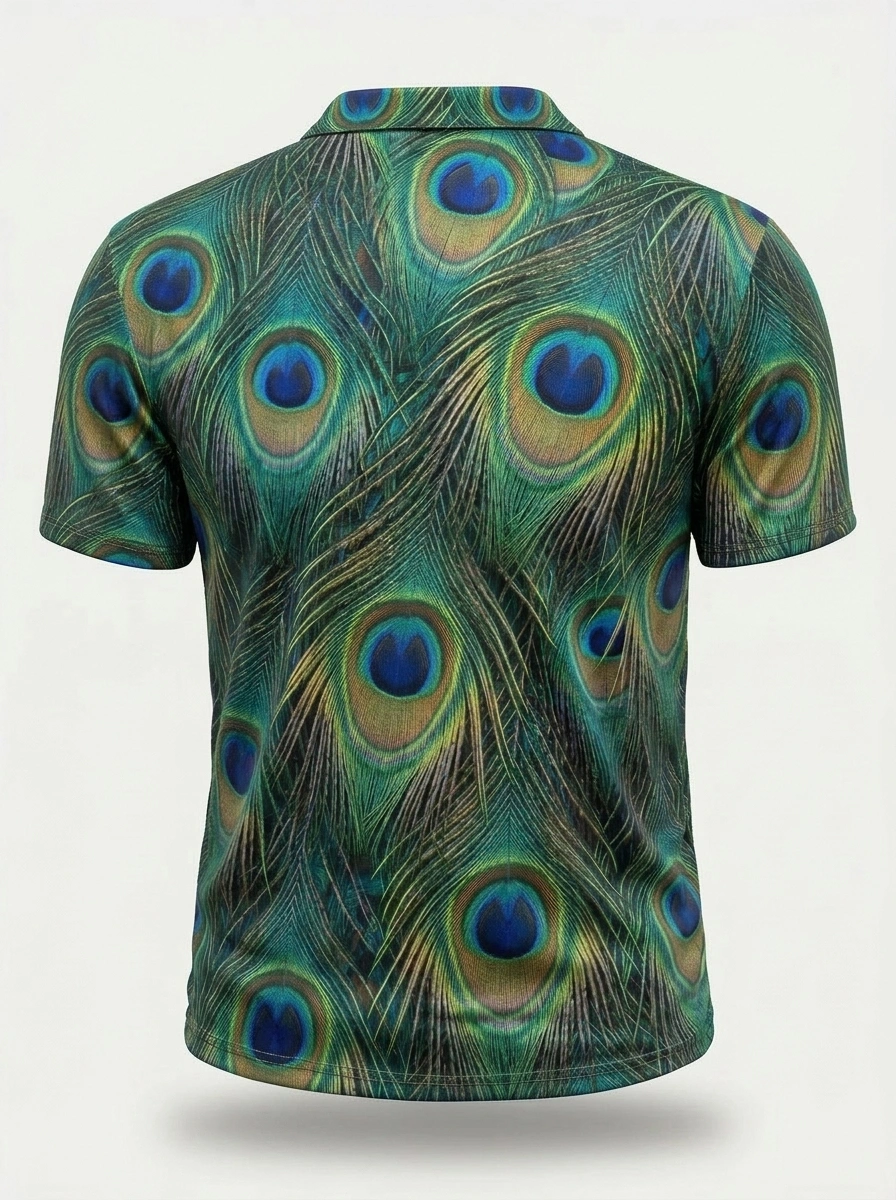 Moisture Wicking Golf Polo 3D Peacock Feather Button Short Sleeve Golf Polo Shirt