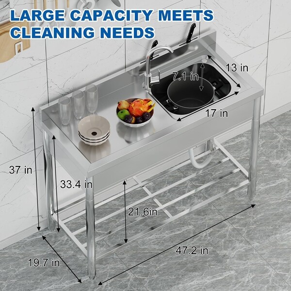 Free Standing Kitchen Sink 47''x20''x37'' Stainless Steel,Utility Single Bowl Sink With 360��Rotating Faucet