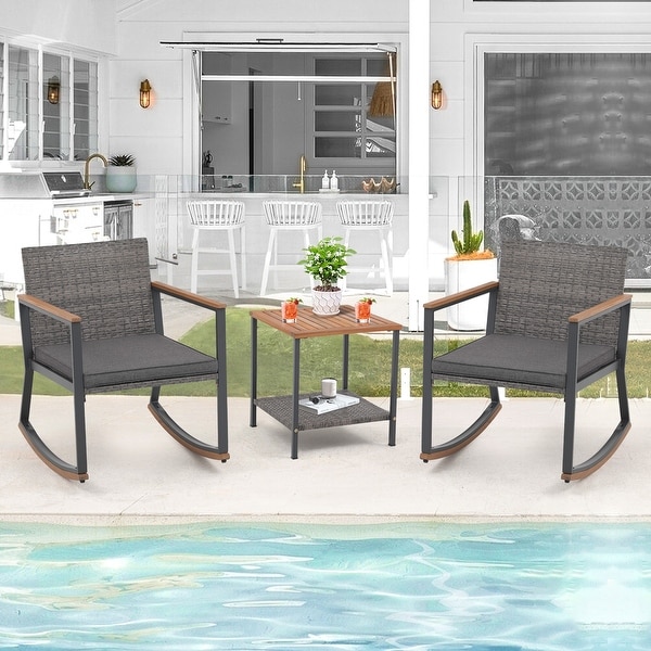 3 Piece Rocking Chair Patio Bistro Set Balcony Chairs Conversation Sets With Coffee Table and Cushions