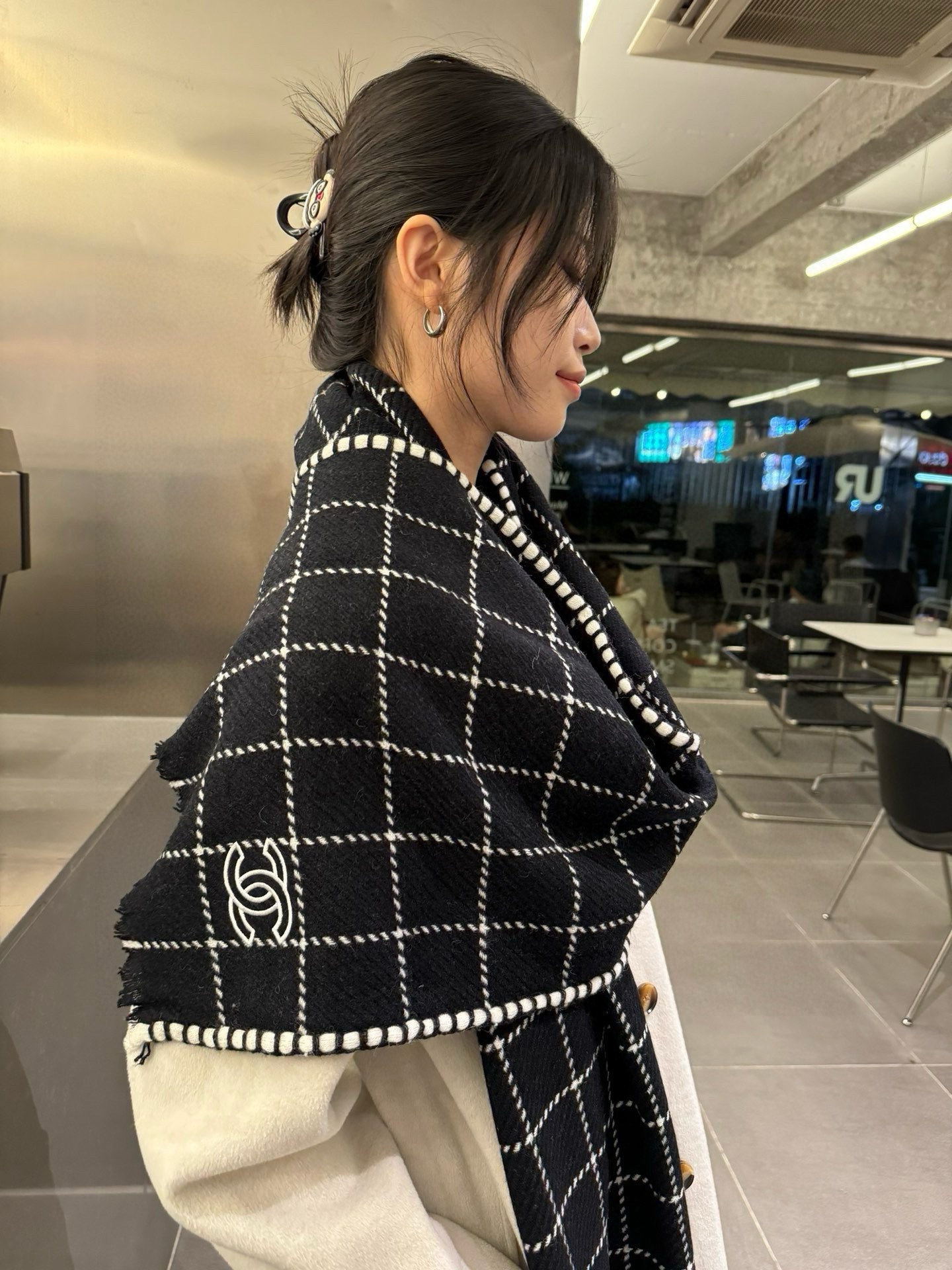 Chanel Cashmere Scarf Checkered Black For Women 185cm