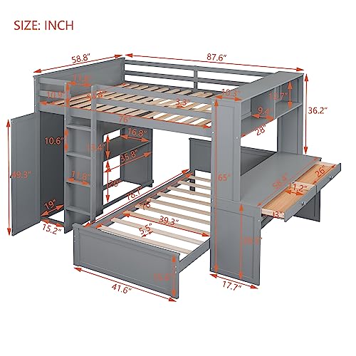 Ball & Cast Twin Size Loft Bed with Built-in Desk & Wardrobes,Wood Bedframe W/ 4 Drawers & 4 Shelves,Space Saving,No Box Spring Needed,Versatile Storage Bedroom Furniture for Boy Girl Teen Adult,Gray