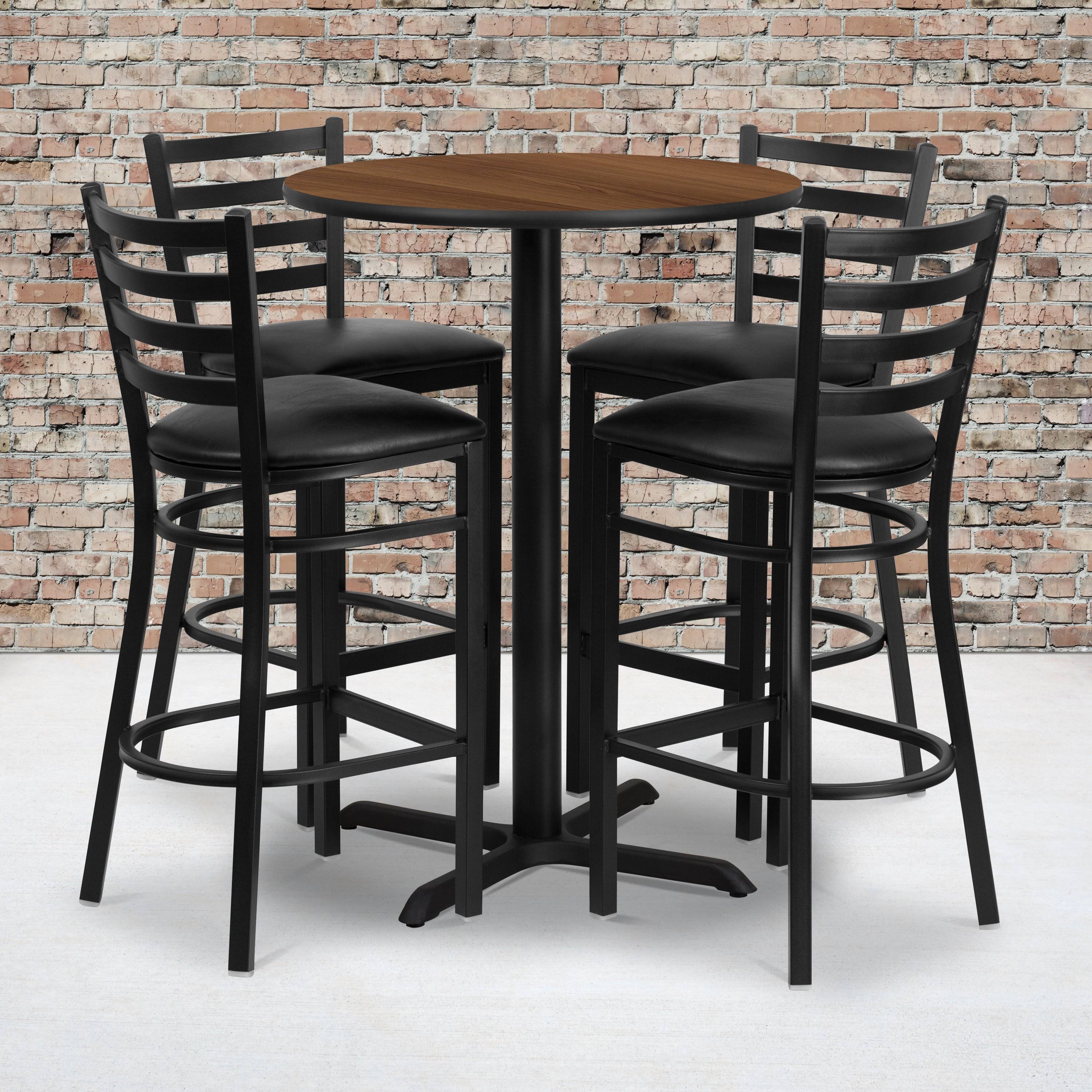 Flash Furniture | 30&& Round Walnut Laminate Table Set with 4 Ladder Back Metal Barstools - Black Vinyl Seat