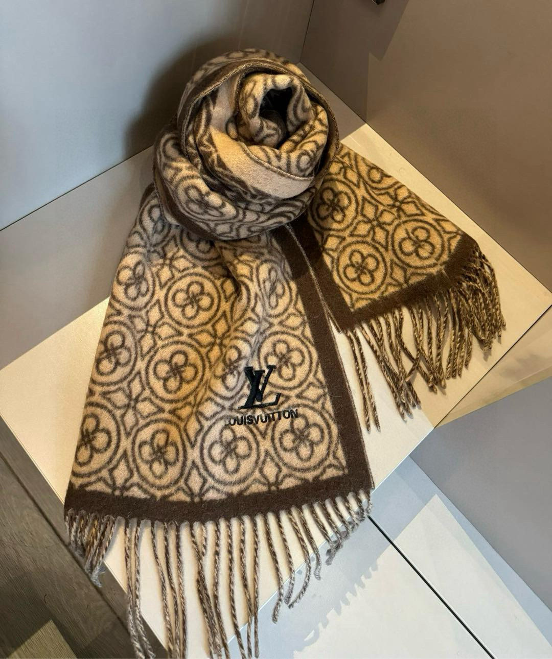 Louis Vuitton Monogram Cashmere Jacquard Scarf Brown For Women 180cm