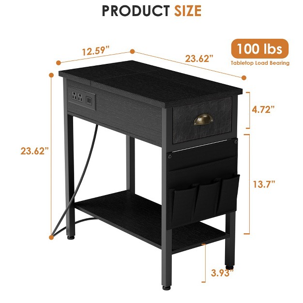 Whizmax End Table With Charging Station Flip Top Narrow Side Tables With Storage Drawers For Living Room Bedroom Office Small Spaces