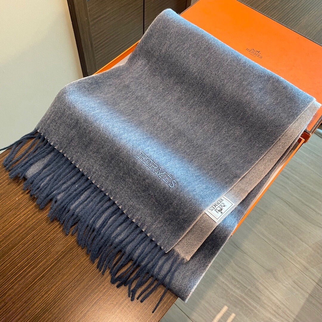 Hermes Cashmere Scarf Colorblock Blue Gray For Women 180cm