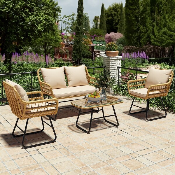 Moasis 4Piece AllWeather Rattan Conversation Loveseat Chairs Wicker Outdoor Bistro Set