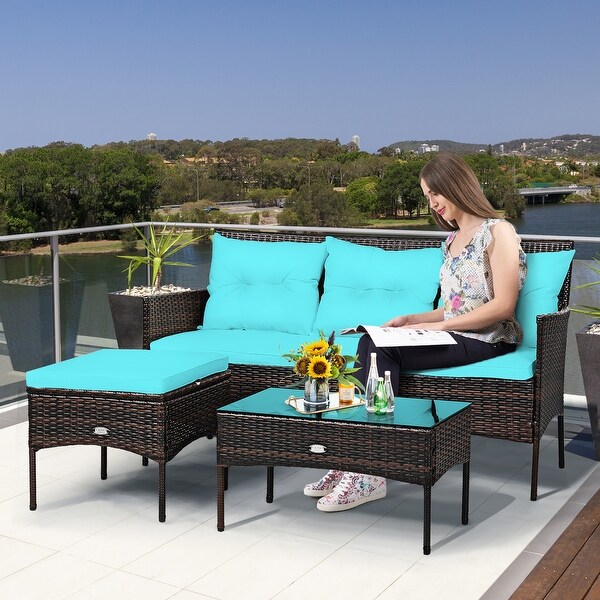 Costway 3PCS Patio Rattan Furniture Set 3Seat Sofa Cushioned Table