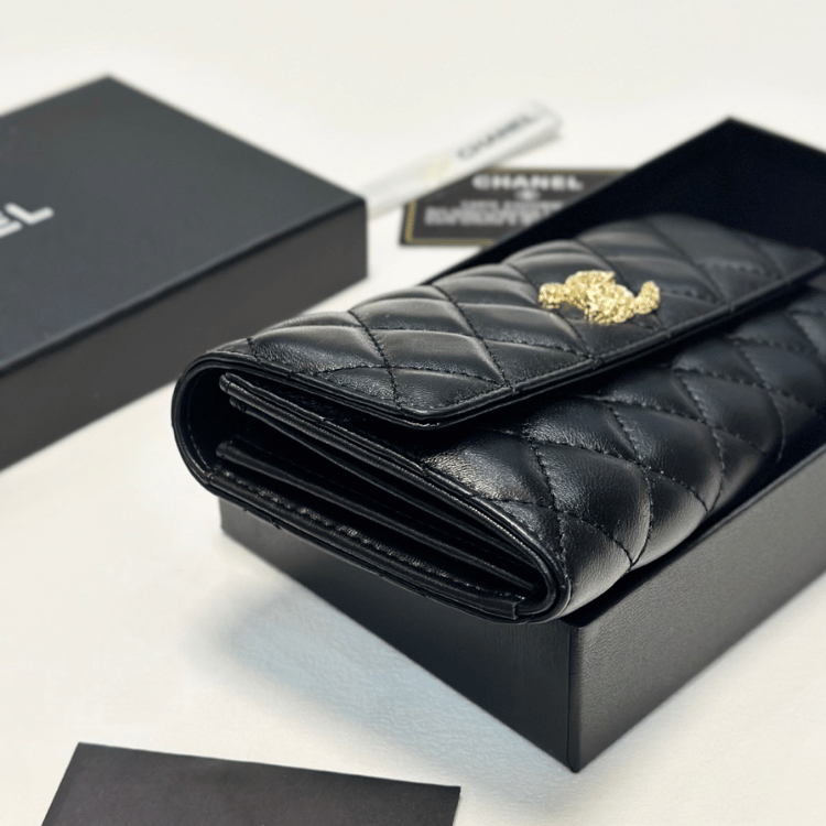 Chanel Quilted Long Flap Wallet Black 7.7 Inches