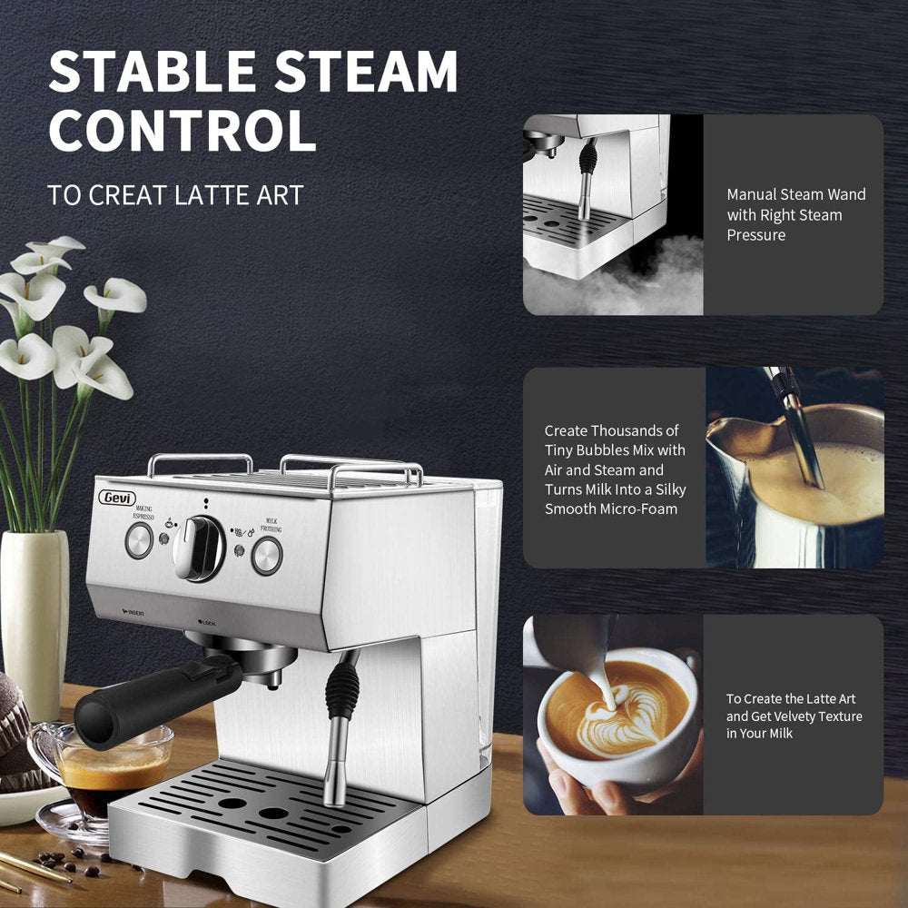 GEVI Silver Stainless Steel 15 Bar Espresso Machine 2 Shot Pump Cappuccino Maker