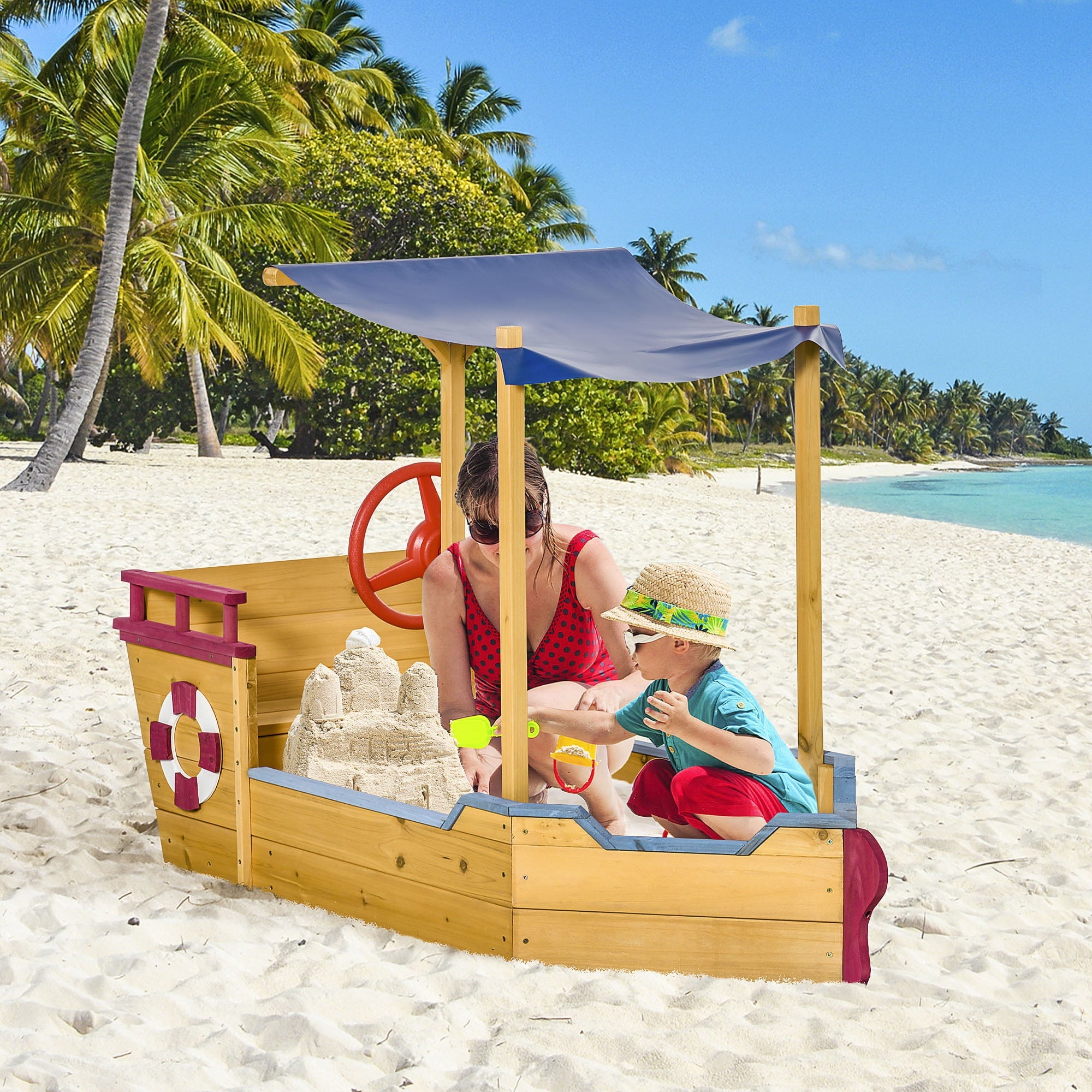 Outsunny Kids Wooden Sandbox Play Station, Covered Children Sand boat Outdoor, for Backyard, w/ Canopy Shade, Storage Bench, Bottom Liner, Aged 3-8 Years Old, Orange