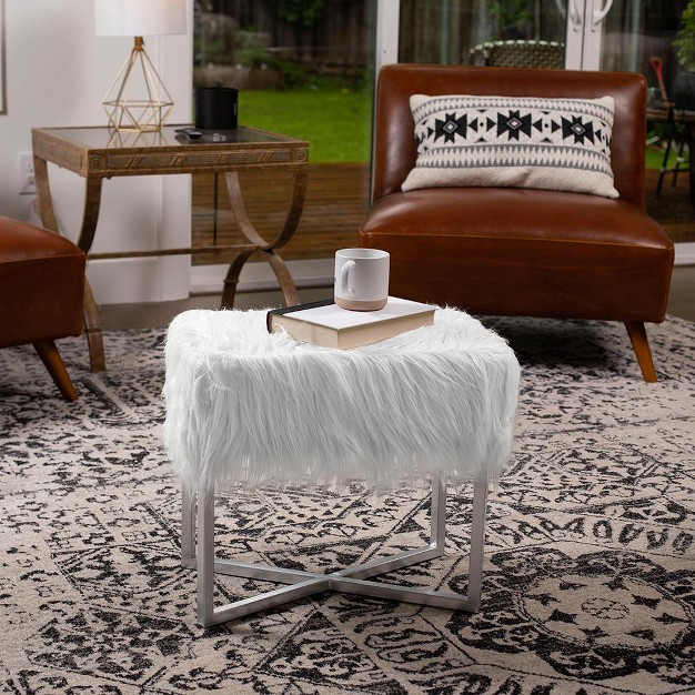Birdrock Home Rectangular White Faux Fur Foot Stool Ottoman With Grey Legs