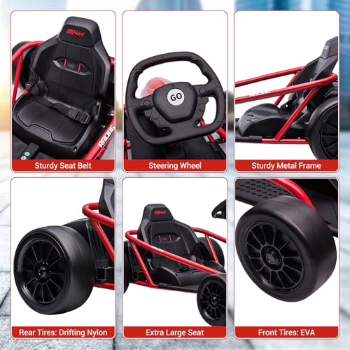 24V 9Ah Kids Ride On Go Kart Toy, High Speed 8.1MPH Drifting Car with Powerful Motors, Large Seat,Slow Start Function,High/Low Speed, Music, Max Load 180lbs Racing Toy for Kids 8-12 Years