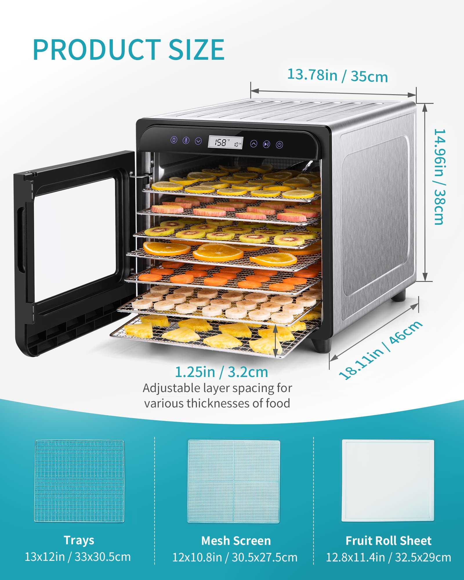 Ultrean Food Dehydrator, 8 Stainless Steel Trays Large Dehydrator, 600w Food Dryer Machine for Jerky, Fruit, Veggies, Meat, Yogurt, Adjustable Digital Timer and Temperature Control (Rscipe Book Included)