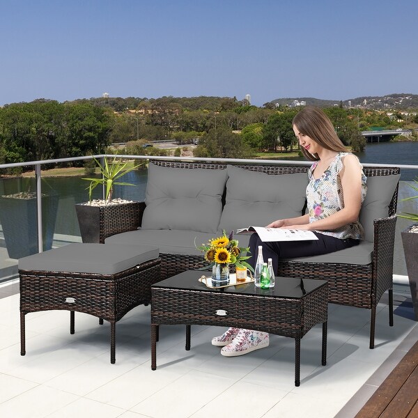 Costway 3PCS Patio Rattan Furniture Set 3Seat Sofa Cushioned Table