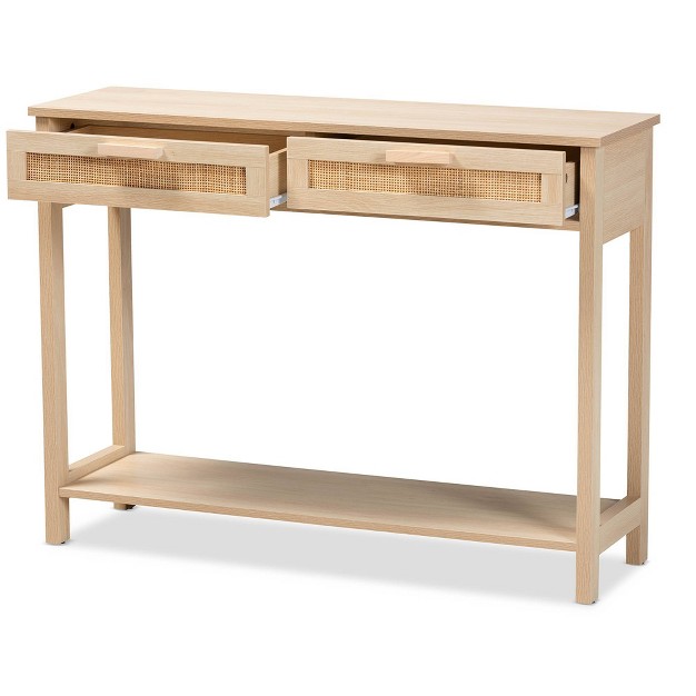 Sebille Wood With Natural Rattan 2 Drawer Console Table Light Brown Baxton Studio