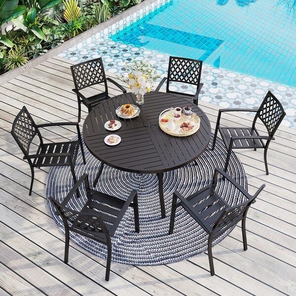 MAISON ARTS 7 Pieces Outdoor Dining Set for 6,Large Round Dining Table with Umbrella Hole and Stackable Metal Chairs
