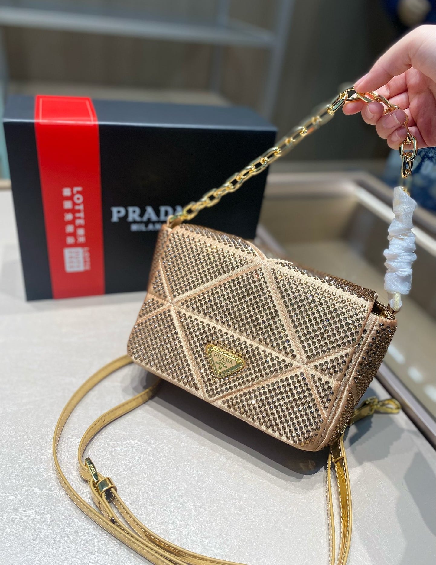 Prada Satin Crystal Mini Bag Gold 20Cm