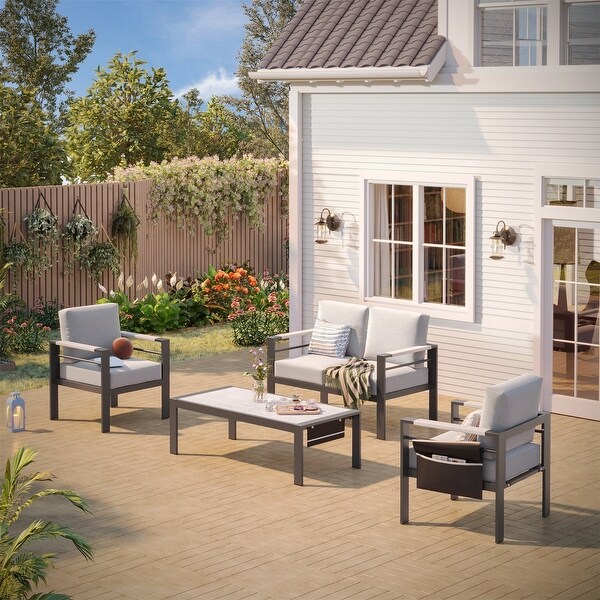 4Piece 4 Person Aluminum Patio Conversation Set with Cushions LED Coffee Table and Loveseat