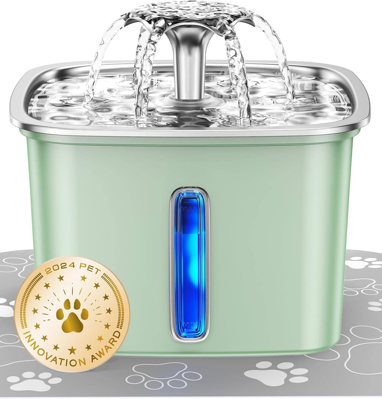 Veken Innovation Award Winner Stainless Steel Cat Water Fountain, 108oz/3.2L Automatic Pet Fountain Dog Water Dispenser with Replacement Filters & Silicone Mat for Cats, Dogs (Tea Green)