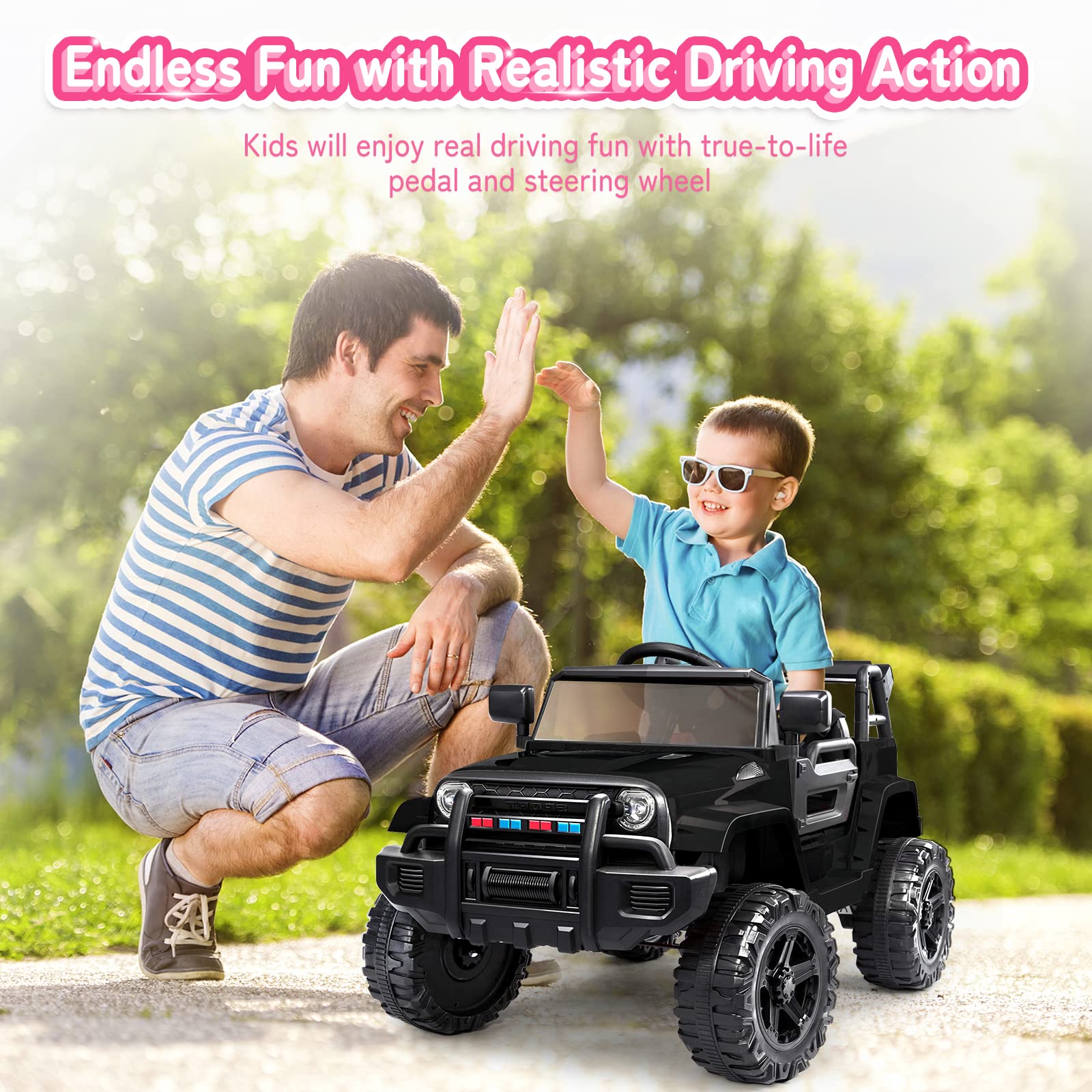 JOYMOR Ride on Truck with Remote Control, 4 Wheels 12V Battery Powered Kids Car, with LED Headlight/Horn Button/ MP3 Player/USB Port/Forward Backward/Kids Girl Boy (Black)
