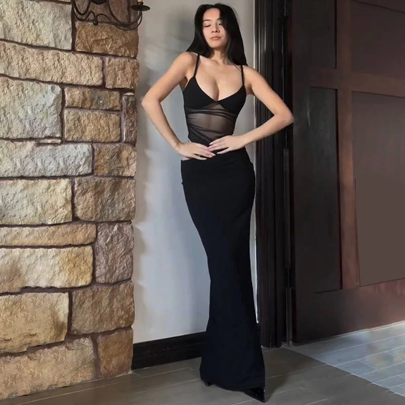 Plunging V-Neck Mesh Panel Maxi DressClistos