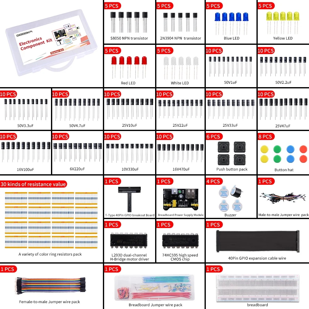 52Pi Electronics Component Fun Kit with Power Supply Module, Breadboard, T-Type GPIO Extension Module, Jumper Wires, LED, Compatible with Arduino, Raspberry Pi,STM32,Orange Pi, Banana Pi, Rock Pi