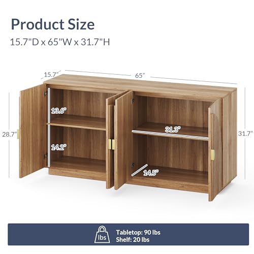 BELLEZE 65 Inch Fluted Buffet Cabinet with Storage, Symmetrical Arc Accent Sideboard Large Console Table for Dining Room, Kitchen, and Living Room (Camel)