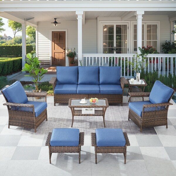Patio Sofa with Club Chairs,Ottomans,Table