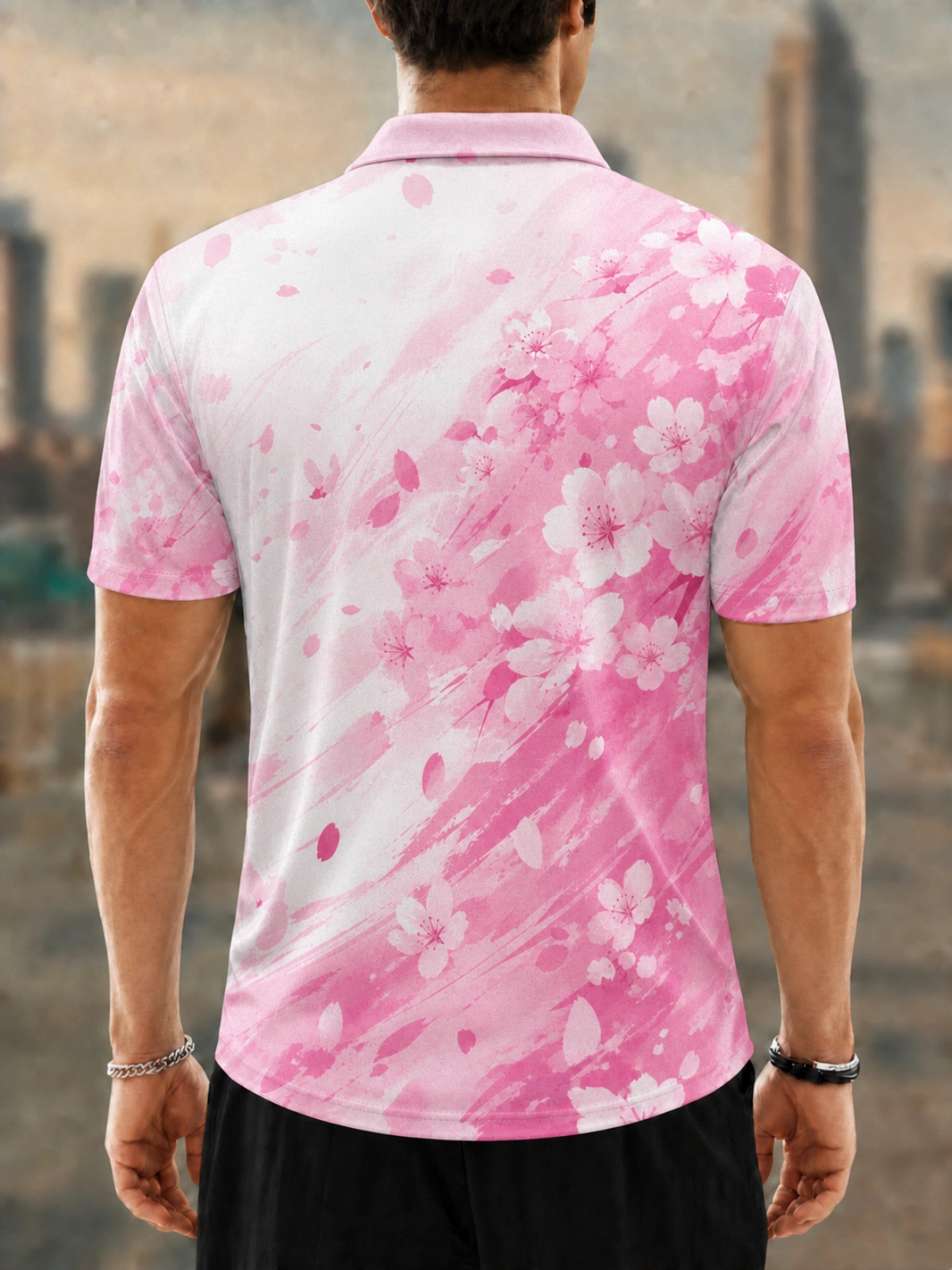 Men's Pink Cherry Blossom Printed Golf Polo Shirt
