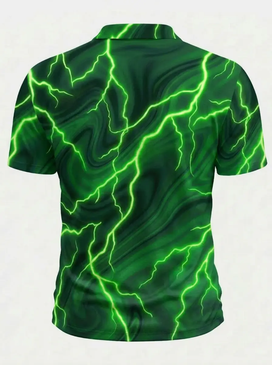 Moisture Wicking Golf Polo 3D Green Marble Lightning Print Button Short Sleeve Golf Polo Shirt