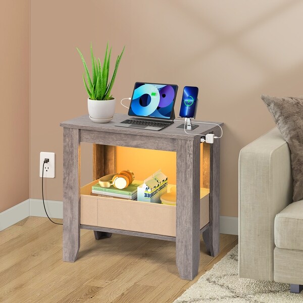 Side Table with LED Light and Charging Station ,USB Ports and Outlets,End Table