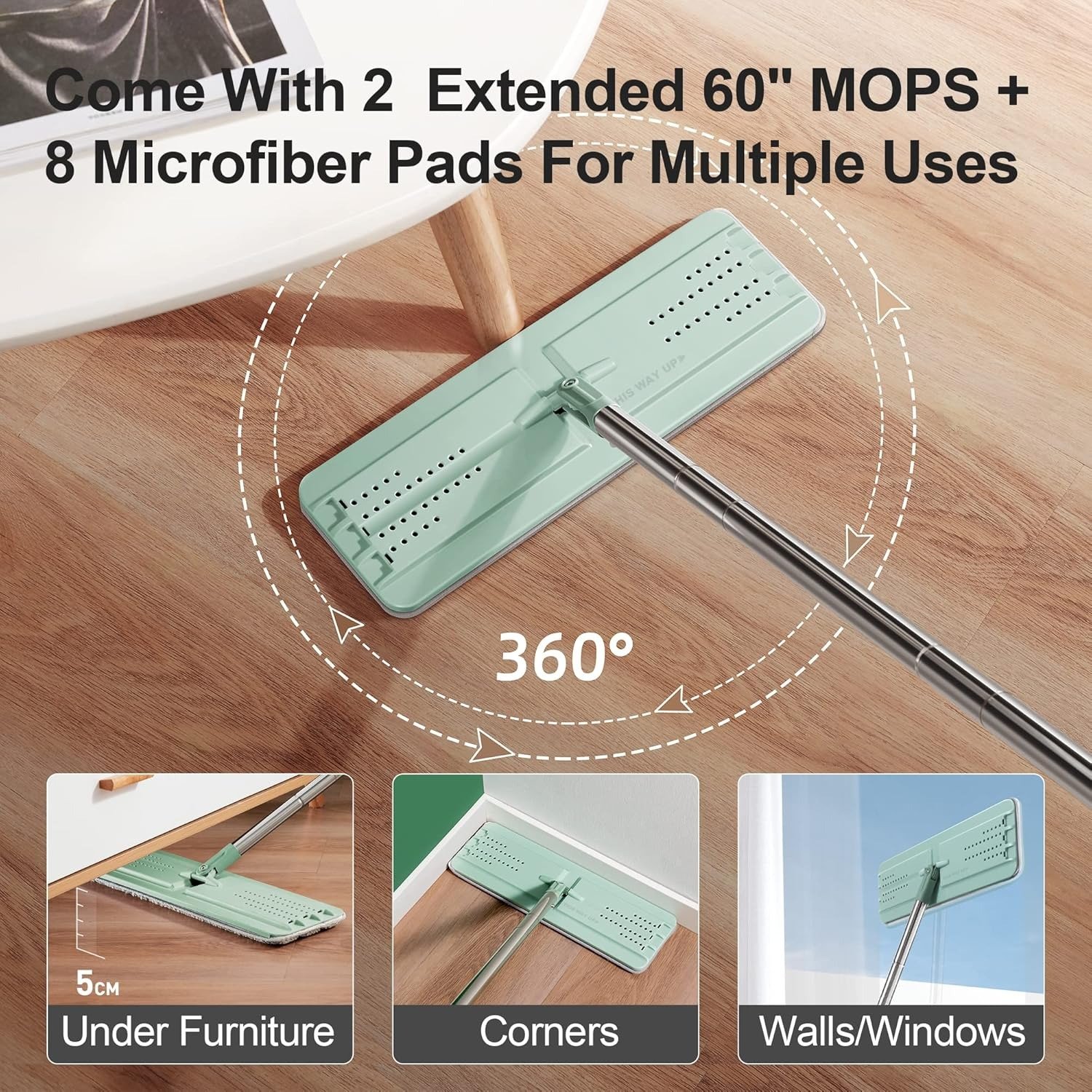 Mop and Bucket with Wringer Set for Floor Cleaning and Wall Cleaner, Flat Mop and Bucket System Set with 2 Mops and 8 Large Microfiber Pads – Green