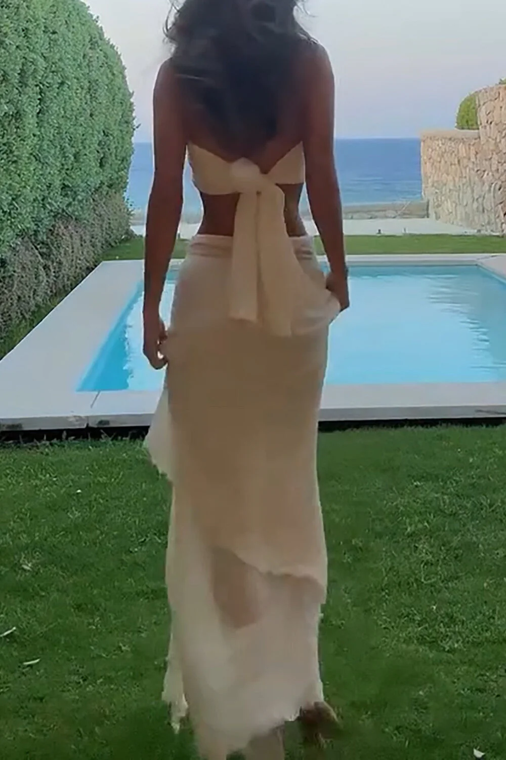 Cross Halter Crop Top Tiered Semi Sheer Maxi Skirt Set - Beige Pre OrderClistos