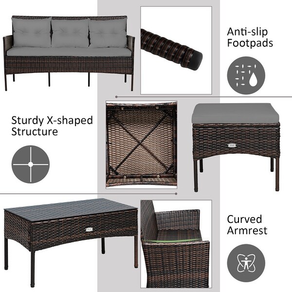 Costway 3PCS Patio Rattan Furniture Set 3Seat Sofa Cushioned Table