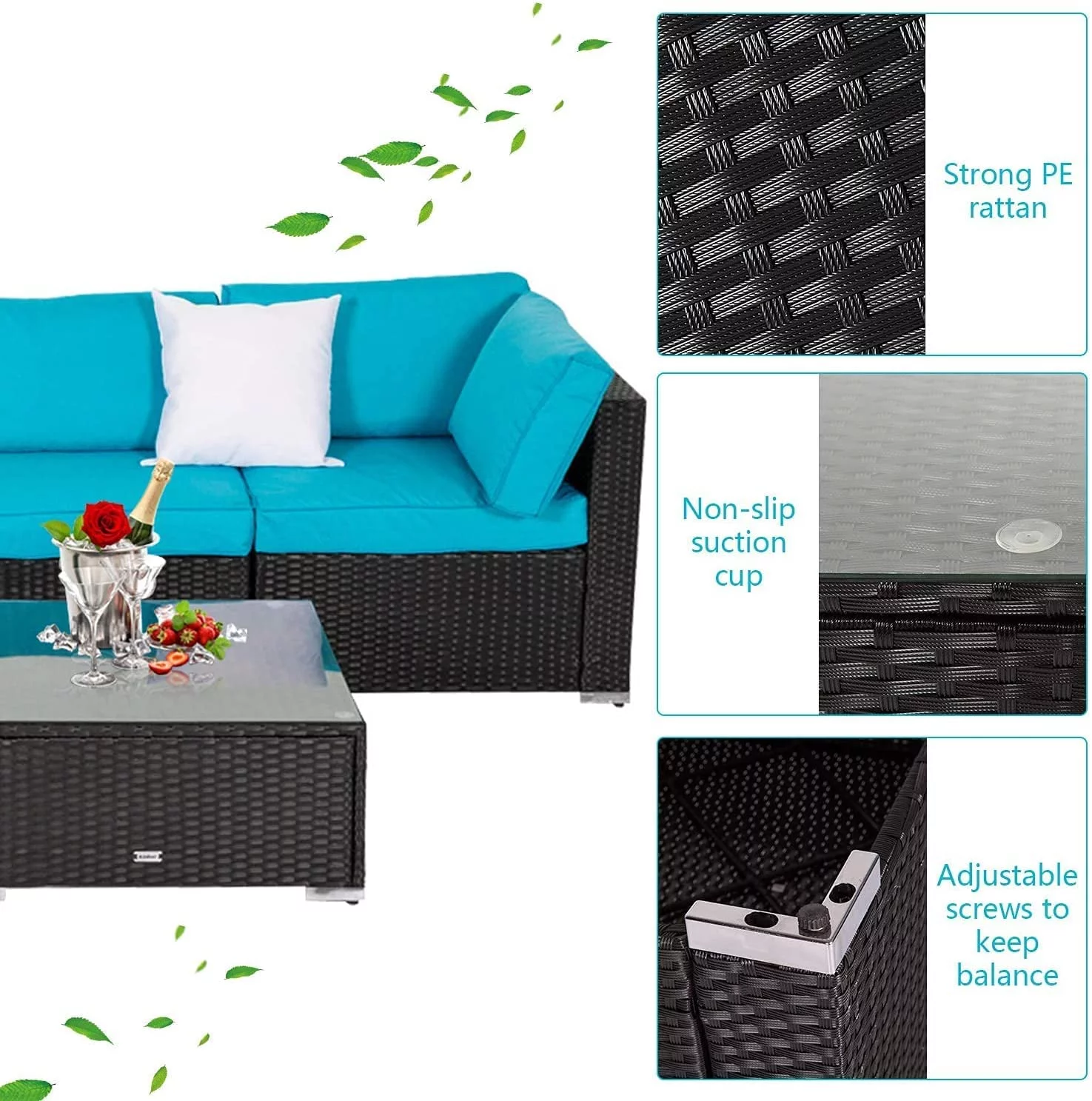 Kinbor 7PCS Patio Furniture Set Outdoor Sectional Sofa Lawn Conversation Sets Wicker Rattan Chair with Cushions, Turquoise