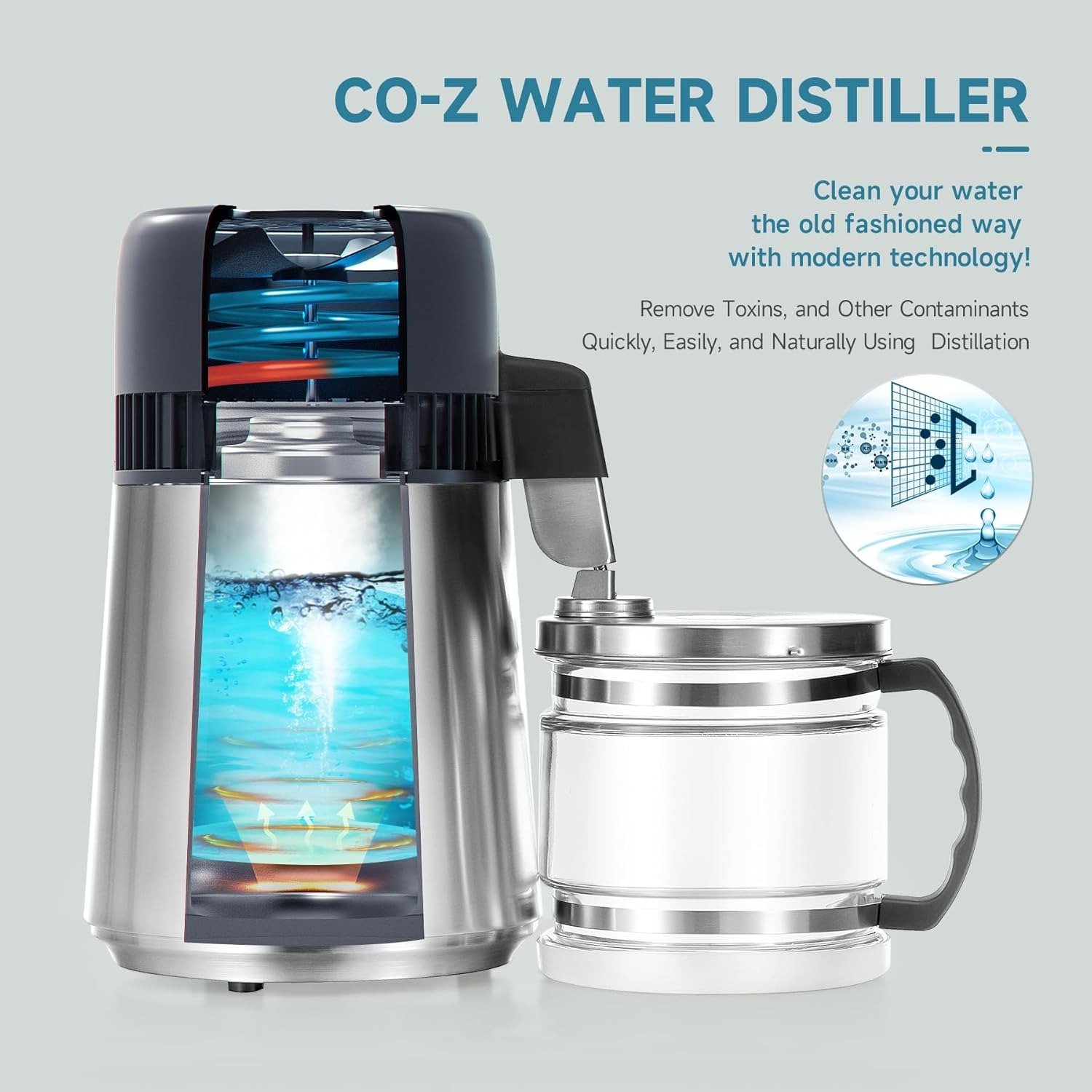 4L Brushed Stainless Steel Countertop Distiller Machine, Home Distilled Water Maker with Glass Pot, Purifier to Make Clean Water