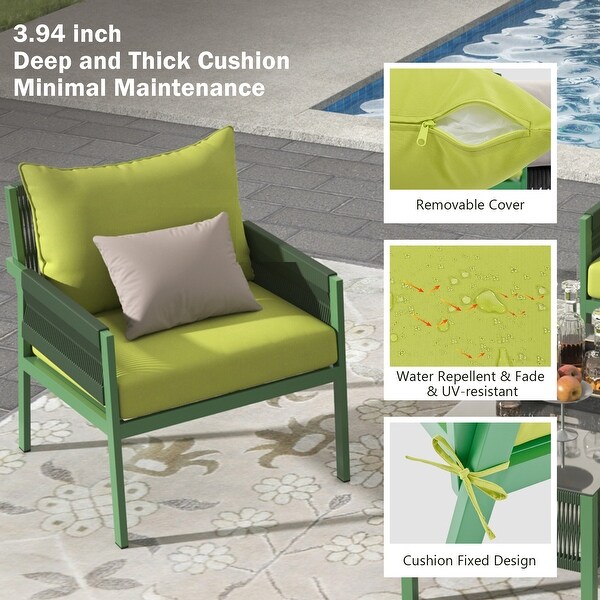 Rope Patio Conversation Set with Tempered Glass Table (4 Pieces)