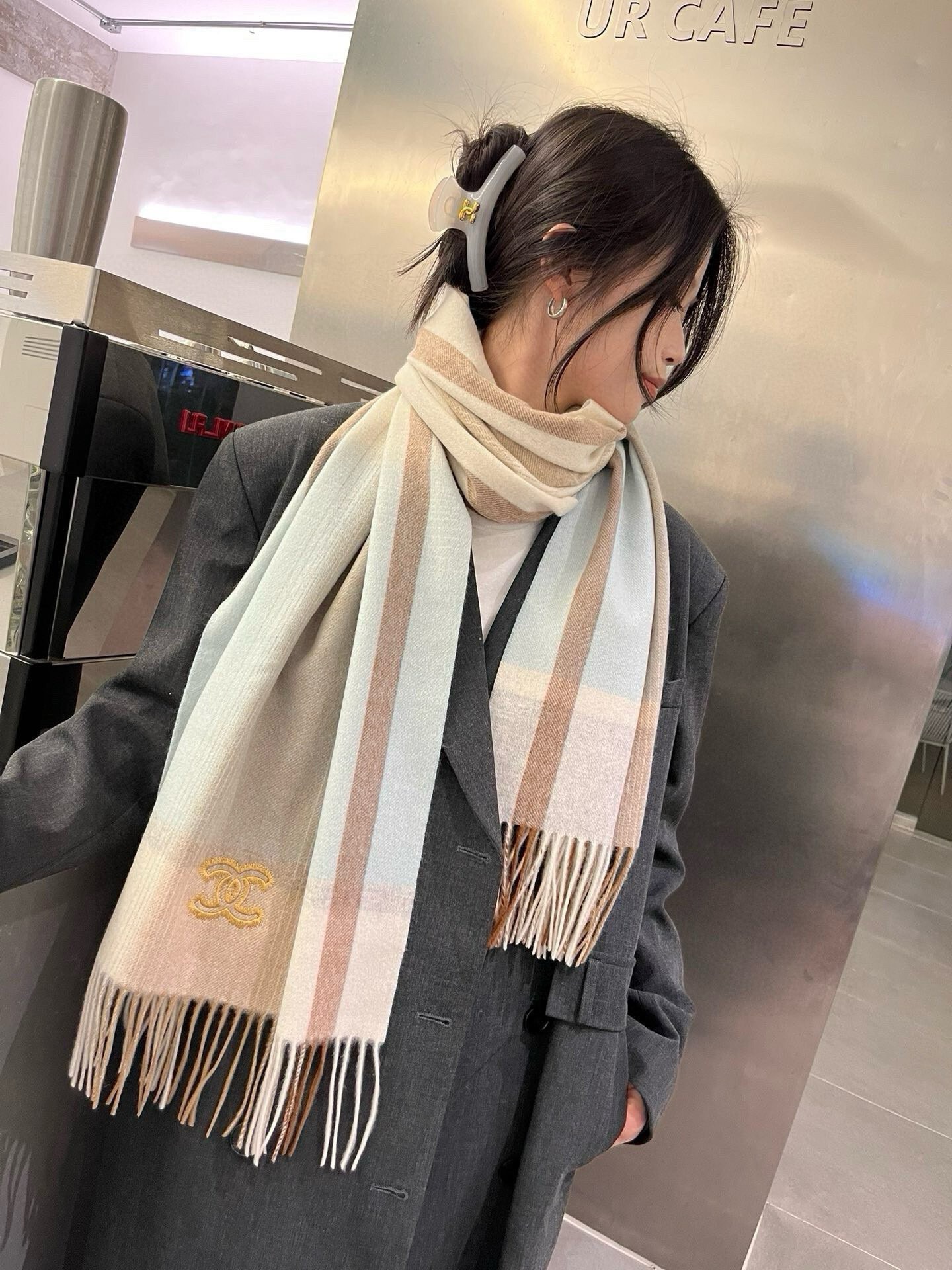 Chanel Cashmere Scarf Striped Beige For Women 190cm