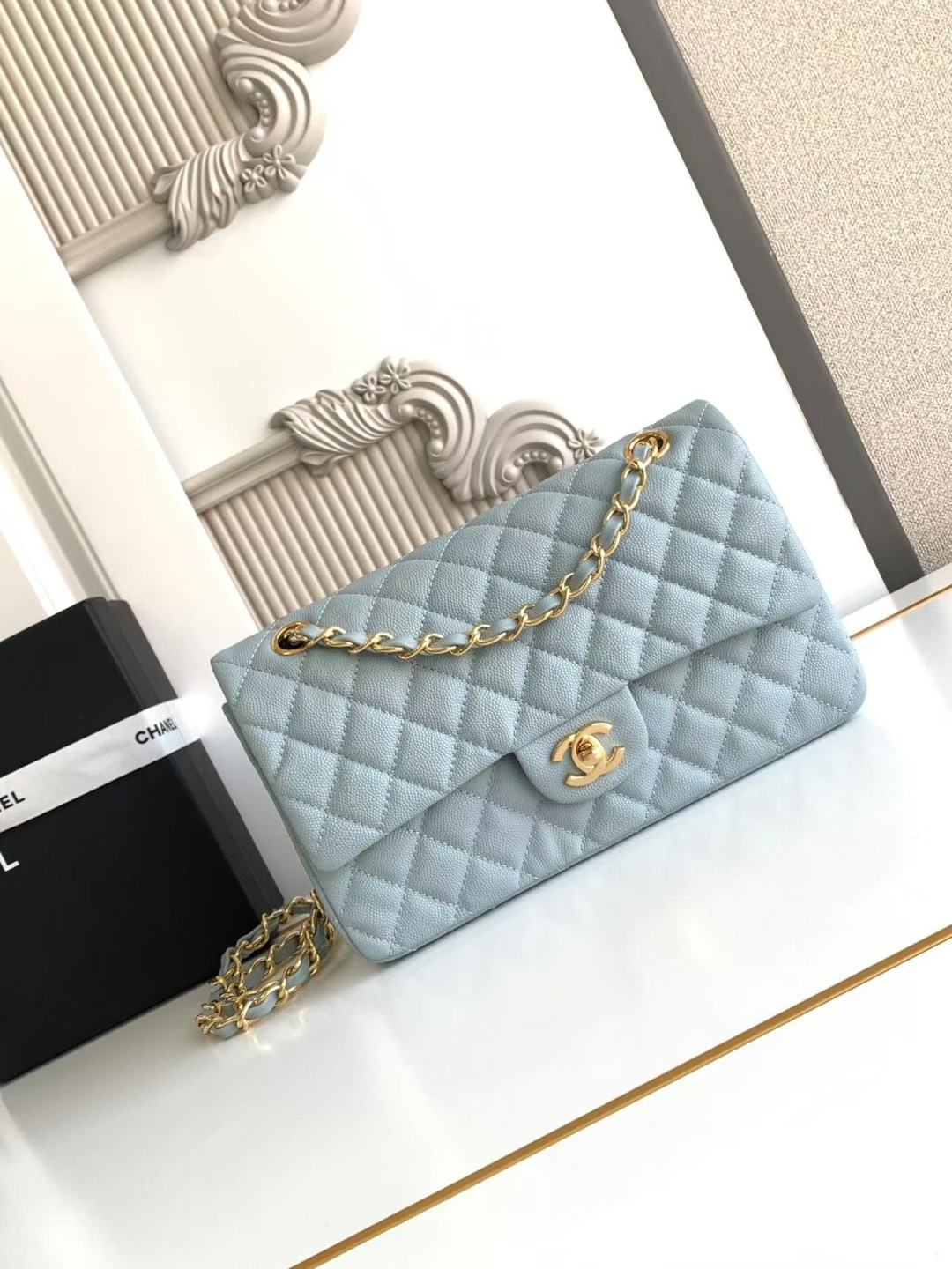 Chanel Classic Flap Bag 25 cm Light Blue Caviar Gold-Tone Hardware A01112