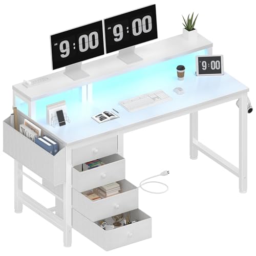 Lufeiya Gaming Desk with LED Lights and Power Outlets, 47 inch Computer Desk with Fabric Drawers, Reversible Home Office Desk with Monitor Stand, Black