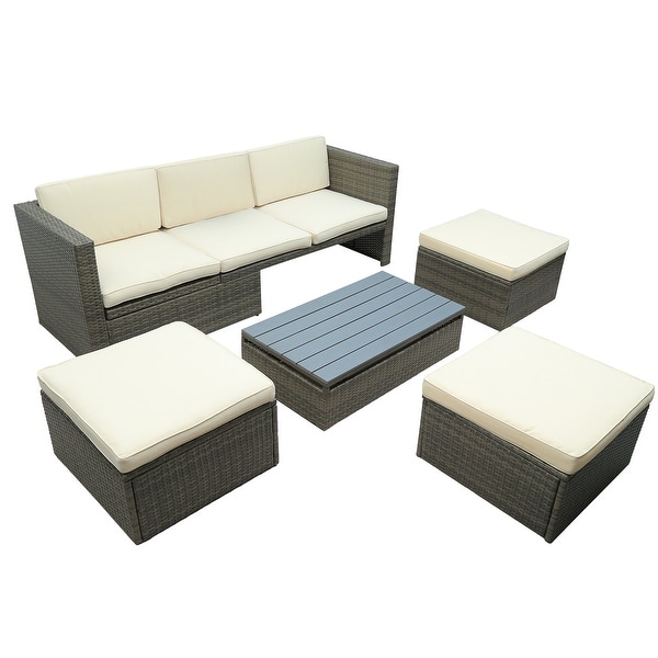 5Piece PE Wicker Sofa Set with Adjustable Backrest,Ottomans,and Lift Top Table