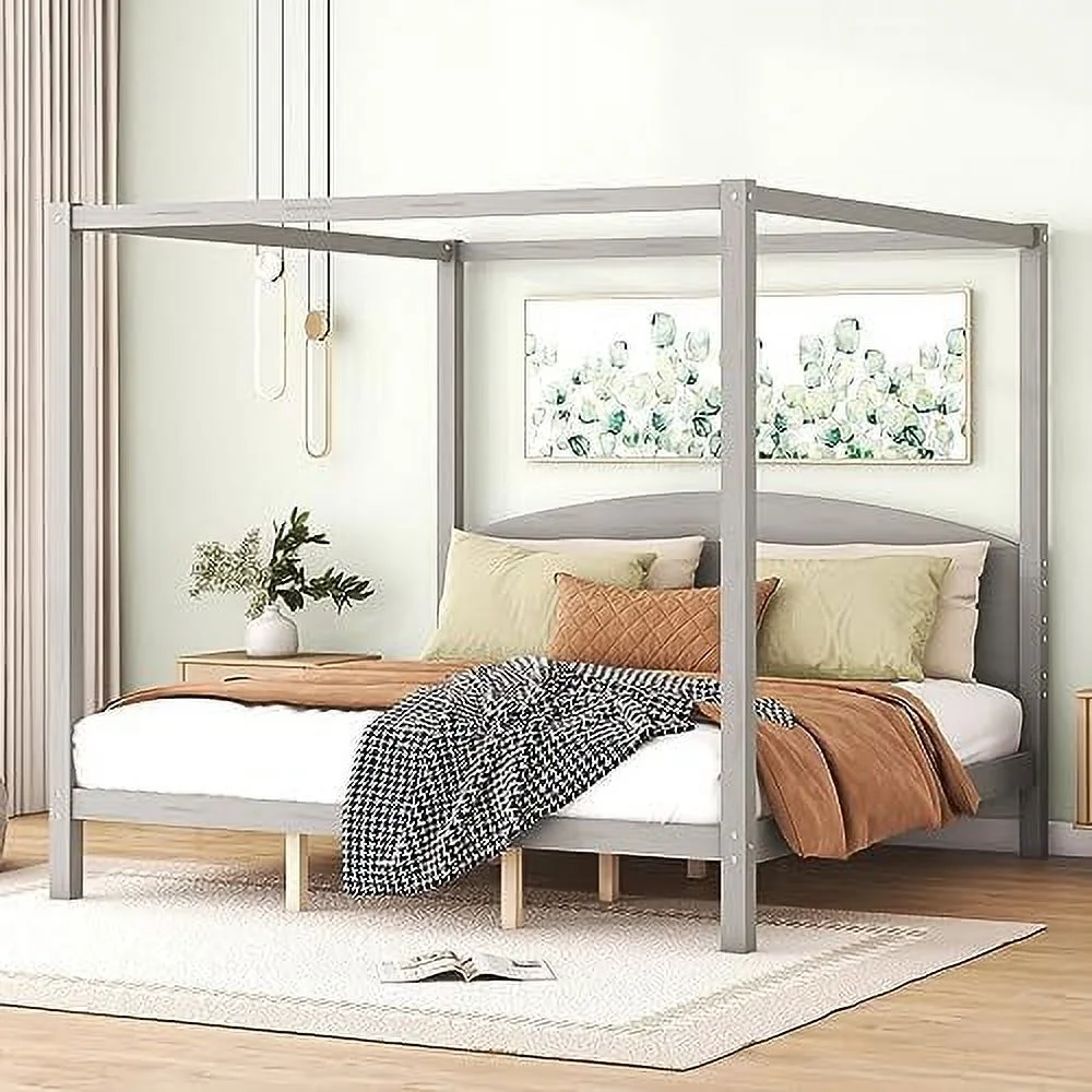 YPZBBOOM Queen Size Canopy Bed Wood 4-Poster Platform Beds  Modern Queen Bed Frame with Headboard  No Box Spring Needed  White